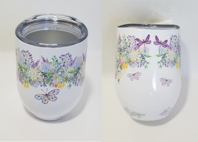 Spring flowers and butterfly wine tumbler made with sublimation printing