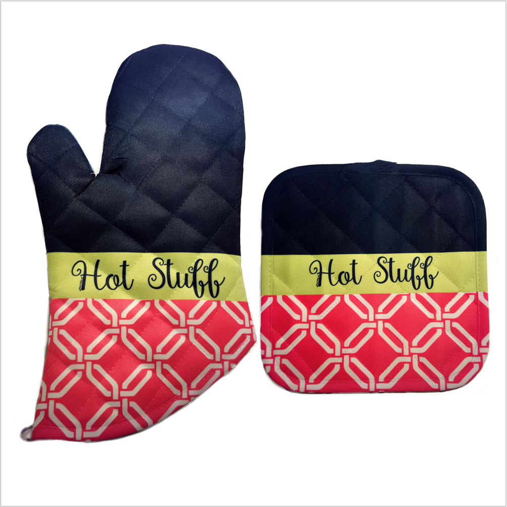 Hot Stuff Oven Mitt & Pot Holder made with sublimation printing