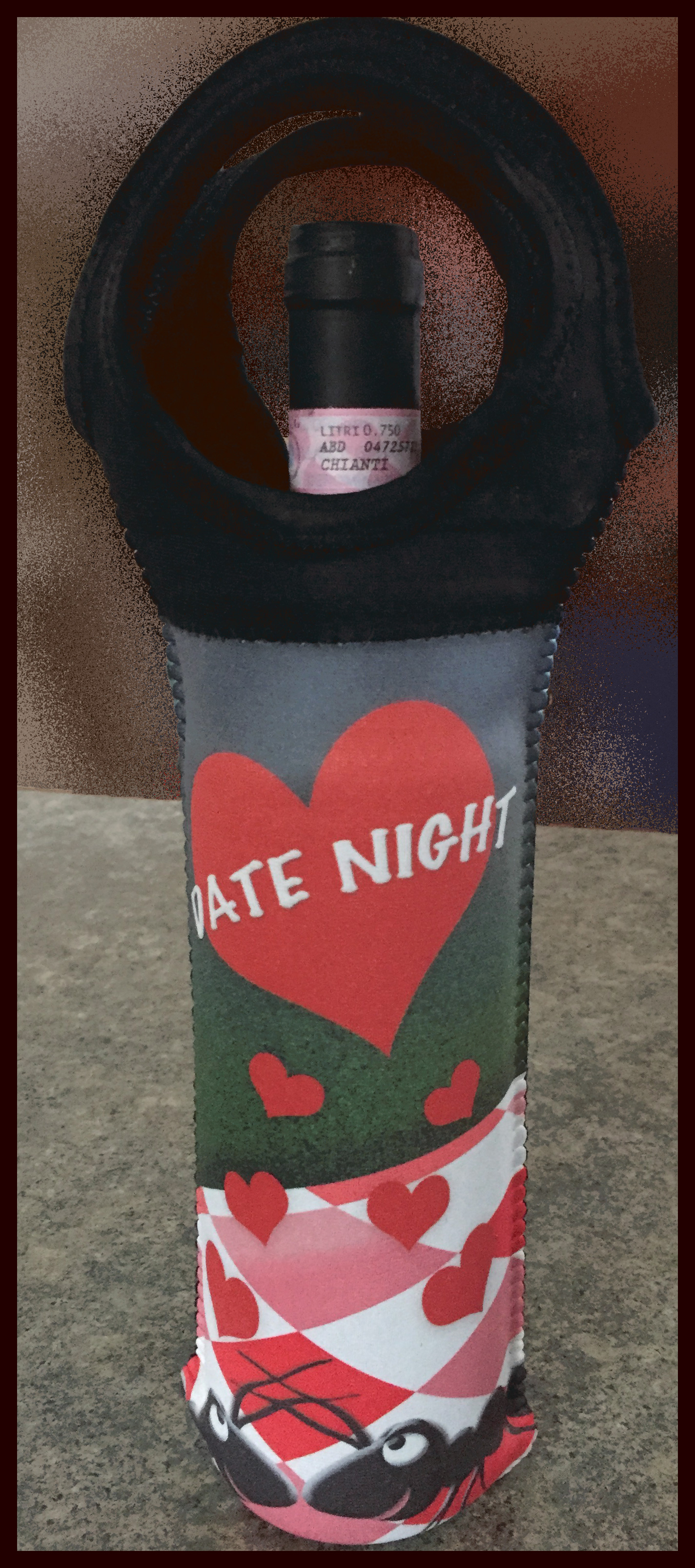 Date Night Wine Cozy made with sublimation printing