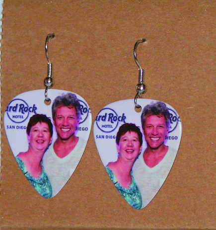guitar pick earrings made with sublimation printing