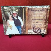 Using a scan of the wedding invitation and a digital photo from the wedding, we created this un