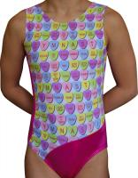 Valentine's Day Candy Hearts Design sublimated onto white lycra spandex and sewn into garment.