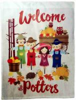 My client wanted a fall garden flag with 4 scarecrows representing her children. This is what I