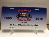A license plate made to celebrate the Rockland Rodders' 20th Anniversary.